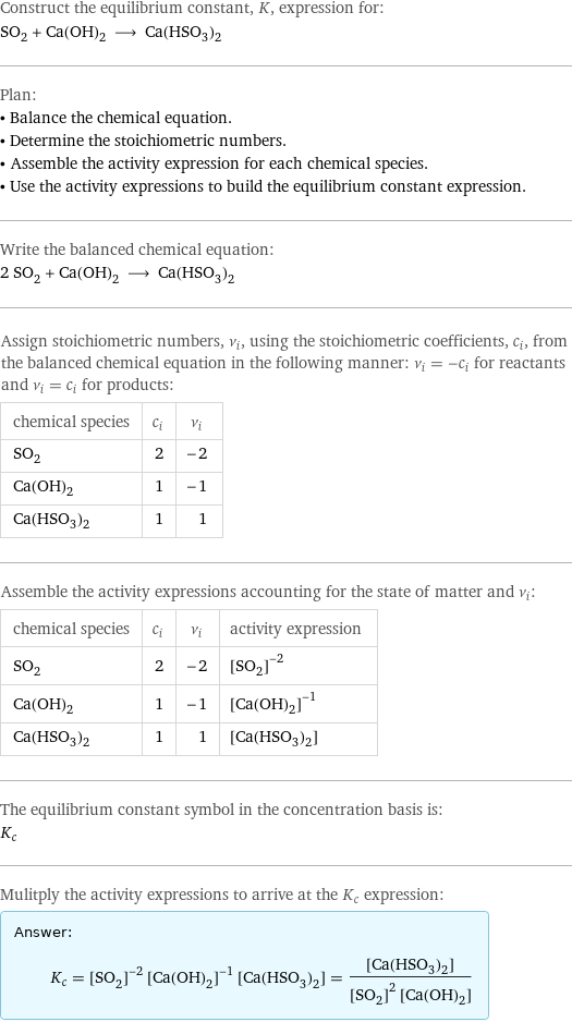 Construct the equilibrium constant, K, expression for: SO_2 + Ca(OH)_2 ⟶ Ca(HSO_3)_2 Plan: • Balance the chemical equation. • Determine the stoichiometric numbers. • Assemble the activity expression for each chemical species. • Use the activity expressions to build the equilibrium constant expression. Write the balanced chemical equation: 2 SO_2 + Ca(OH)_2 ⟶ Ca(HSO_3)_2 Assign stoichiometric numbers, ν_i, using the stoichiometric coefficients, c_i, from the balanced chemical equation in the following manner: ν_i = -c_i for reactants and ν_i = c_i for products: chemical species | c_i | ν_i SO_2 | 2 | -2 Ca(OH)_2 | 1 | -1 Ca(HSO_3)_2 | 1 | 1 Assemble the activity expressions accounting for the state of matter and ν_i: chemical species | c_i | ν_i | activity expression SO_2 | 2 | -2 | ([SO2])^(-2) Ca(OH)_2 | 1 | -1 | ([Ca(OH)2])^(-1) Ca(HSO_3)_2 | 1 | 1 | [Ca(HSO3)2] The equilibrium constant symbol in the concentration basis is: K_c Mulitply the activity expressions to arrive at the K_c expression: Answer: |   | K_c = ([SO2])^(-2) ([Ca(OH)2])^(-1) [Ca(HSO3)2] = ([Ca(HSO3)2])/(([SO2])^2 [Ca(OH)2])