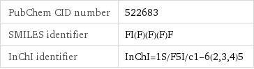 PubChem CID number | 522683 SMILES identifier | FI(F)(F)(F)F InChI identifier | InChI=1S/F5I/c1-6(2, 3, 4)5