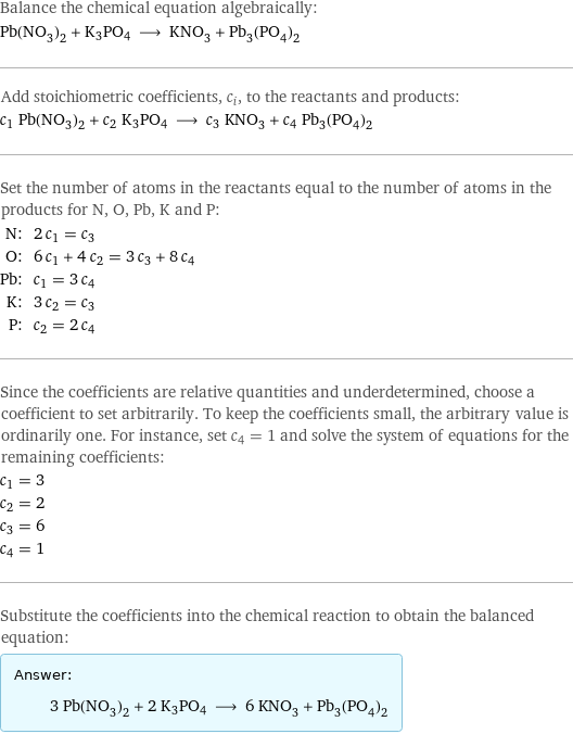 Balance the chemical equation algebraically: Pb(NO_3)_2 + K3PO4 ⟶ KNO_3 + Pb_3(PO_4)_2 Add stoichiometric coefficients, c_i, to the reactants and products: c_1 Pb(NO_3)_2 + c_2 K3PO4 ⟶ c_3 KNO_3 + c_4 Pb_3(PO_4)_2 Set the number of atoms in the reactants equal to the number of atoms in the products for N, O, Pb, K and P: N: | 2 c_1 = c_3 O: | 6 c_1 + 4 c_2 = 3 c_3 + 8 c_4 Pb: | c_1 = 3 c_4 K: | 3 c_2 = c_3 P: | c_2 = 2 c_4 Since the coefficients are relative quantities and underdetermined, choose a coefficient to set arbitrarily. To keep the coefficients small, the arbitrary value is ordinarily one. For instance, set c_4 = 1 and solve the system of equations for the remaining coefficients: c_1 = 3 c_2 = 2 c_3 = 6 c_4 = 1 Substitute the coefficients into the chemical reaction to obtain the balanced equation: Answer: |   | 3 Pb(NO_3)_2 + 2 K3PO4 ⟶ 6 KNO_3 + Pb_3(PO_4)_2