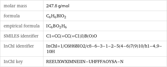 molar mass | 247.8 g/mol formula | C_6H_6BIO_2 empirical formula | I_C_6B_O_2H_6 SMILES identifier | C1=CC(=CC(=C1)I)B(O)O InChI identifier | InChI=1/C6H6BIO2/c8-6-3-1-2-5(4-6)7(9)10/h1-4, 9-10H InChI key | REEUXWXIMNEIIN-UHFFFAOYSA-N