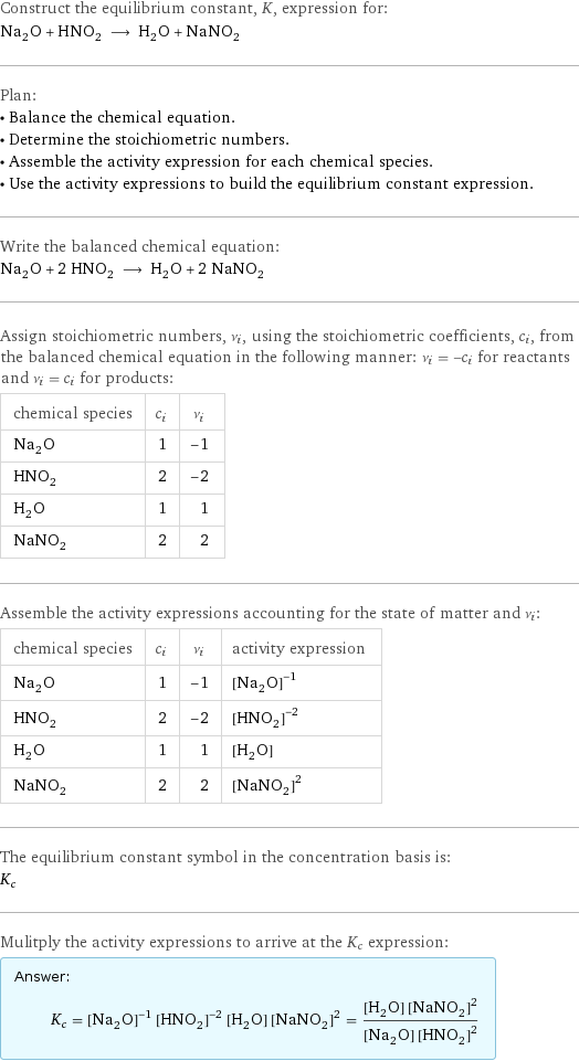 Construct the equilibrium constant, K, expression for: Na_2O + HNO_2 ⟶ H_2O + NaNO_2 Plan: • Balance the chemical equation. • Determine the stoichiometric numbers. • Assemble the activity expression for each chemical species. • Use the activity expressions to build the equilibrium constant expression. Write the balanced chemical equation: Na_2O + 2 HNO_2 ⟶ H_2O + 2 NaNO_2 Assign stoichiometric numbers, ν_i, using the stoichiometric coefficients, c_i, from the balanced chemical equation in the following manner: ν_i = -c_i for reactants and ν_i = c_i for products: chemical species | c_i | ν_i Na_2O | 1 | -1 HNO_2 | 2 | -2 H_2O | 1 | 1 NaNO_2 | 2 | 2 Assemble the activity expressions accounting for the state of matter and ν_i: chemical species | c_i | ν_i | activity expression Na_2O | 1 | -1 | ([Na2O])^(-1) HNO_2 | 2 | -2 | ([HNO2])^(-2) H_2O | 1 | 1 | [H2O] NaNO_2 | 2 | 2 | ([NaNO2])^2 The equilibrium constant symbol in the concentration basis is: K_c Mulitply the activity expressions to arrive at the K_c expression: Answer: |   | K_c = ([Na2O])^(-1) ([HNO2])^(-2) [H2O] ([NaNO2])^2 = ([H2O] ([NaNO2])^2)/([Na2O] ([HNO2])^2)