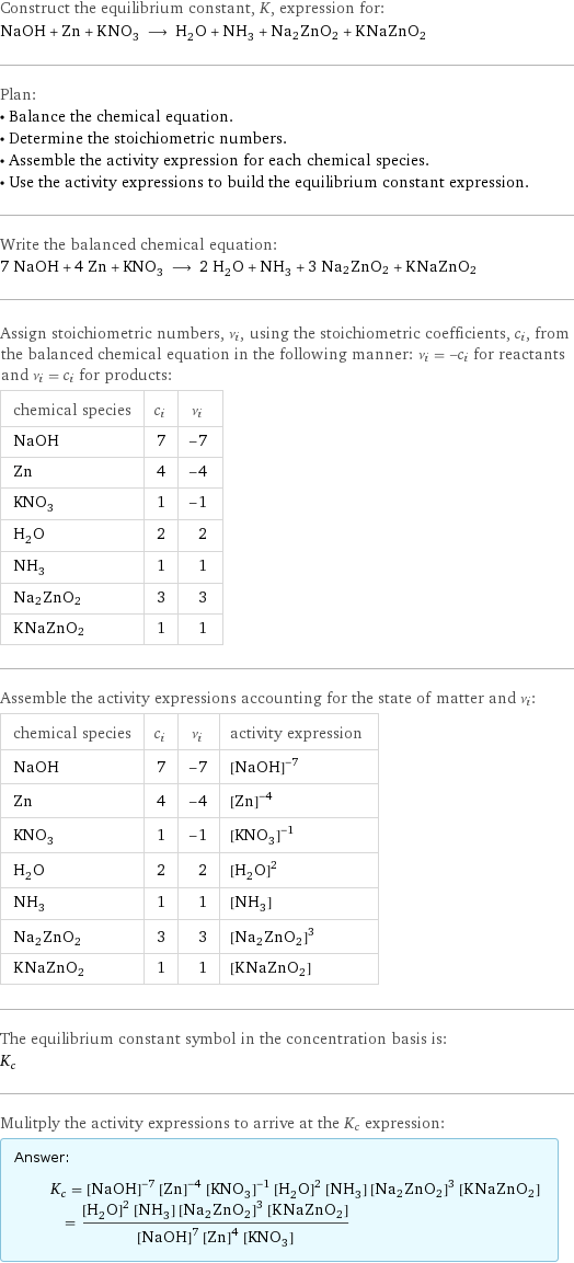 Construct the equilibrium constant, K, expression for: NaOH + Zn + KNO_3 ⟶ H_2O + NH_3 + Na2ZnO2 + KNaZnO2 Plan: • Balance the chemical equation. • Determine the stoichiometric numbers. • Assemble the activity expression for each chemical species. • Use the activity expressions to build the equilibrium constant expression. Write the balanced chemical equation: 7 NaOH + 4 Zn + KNO_3 ⟶ 2 H_2O + NH_3 + 3 Na2ZnO2 + KNaZnO2 Assign stoichiometric numbers, ν_i, using the stoichiometric coefficients, c_i, from the balanced chemical equation in the following manner: ν_i = -c_i for reactants and ν_i = c_i for products: chemical species | c_i | ν_i NaOH | 7 | -7 Zn | 4 | -4 KNO_3 | 1 | -1 H_2O | 2 | 2 NH_3 | 1 | 1 Na2ZnO2 | 3 | 3 KNaZnO2 | 1 | 1 Assemble the activity expressions accounting for the state of matter and ν_i: chemical species | c_i | ν_i | activity expression NaOH | 7 | -7 | ([NaOH])^(-7) Zn | 4 | -4 | ([Zn])^(-4) KNO_3 | 1 | -1 | ([KNO3])^(-1) H_2O | 2 | 2 | ([H2O])^2 NH_3 | 1 | 1 | [NH3] Na2ZnO2 | 3 | 3 | ([Na2ZnO2])^3 KNaZnO2 | 1 | 1 | [KNaZnO2] The equilibrium constant symbol in the concentration basis is: K_c Mulitply the activity expressions to arrive at the K_c expression: Answer: |   | K_c = ([NaOH])^(-7) ([Zn])^(-4) ([KNO3])^(-1) ([H2O])^2 [NH3] ([Na2ZnO2])^3 [KNaZnO2] = (([H2O])^2 [NH3] ([Na2ZnO2])^3 [KNaZnO2])/(([NaOH])^7 ([Zn])^4 [KNO3])