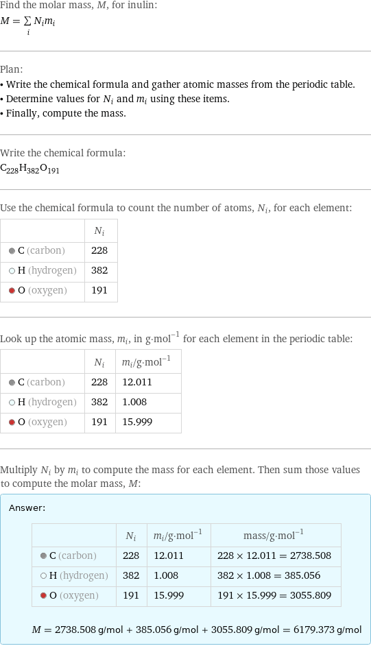 Find the molar mass, M, for inulin: M = sum _iN_im_i Plan: • Write the chemical formula and gather atomic masses from the periodic table. • Determine values for N_i and m_i using these items. • Finally, compute the mass. Write the chemical formula: C_228H_382O_191 Use the chemical formula to count the number of atoms, N_i, for each element:  | N_i  C (carbon) | 228  H (hydrogen) | 382  O (oxygen) | 191 Look up the atomic mass, m_i, in g·mol^(-1) for each element in the periodic table:  | N_i | m_i/g·mol^(-1)  C (carbon) | 228 | 12.011  H (hydrogen) | 382 | 1.008  O (oxygen) | 191 | 15.999 Multiply N_i by m_i to compute the mass for each element. Then sum those values to compute the molar mass, M: Answer: |   | | N_i | m_i/g·mol^(-1) | mass/g·mol^(-1)  C (carbon) | 228 | 12.011 | 228 × 12.011 = 2738.508  H (hydrogen) | 382 | 1.008 | 382 × 1.008 = 385.056  O (oxygen) | 191 | 15.999 | 191 × 15.999 = 3055.809  M = 2738.508 g/mol + 385.056 g/mol + 3055.809 g/mol = 6179.373 g/mol