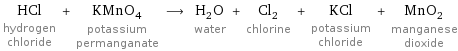 HCl hydrogen chloride + KMnO_4 potassium permanganate ⟶ H_2O water + Cl_2 chlorine + KCl potassium chloride + MnO_2 manganese dioxide