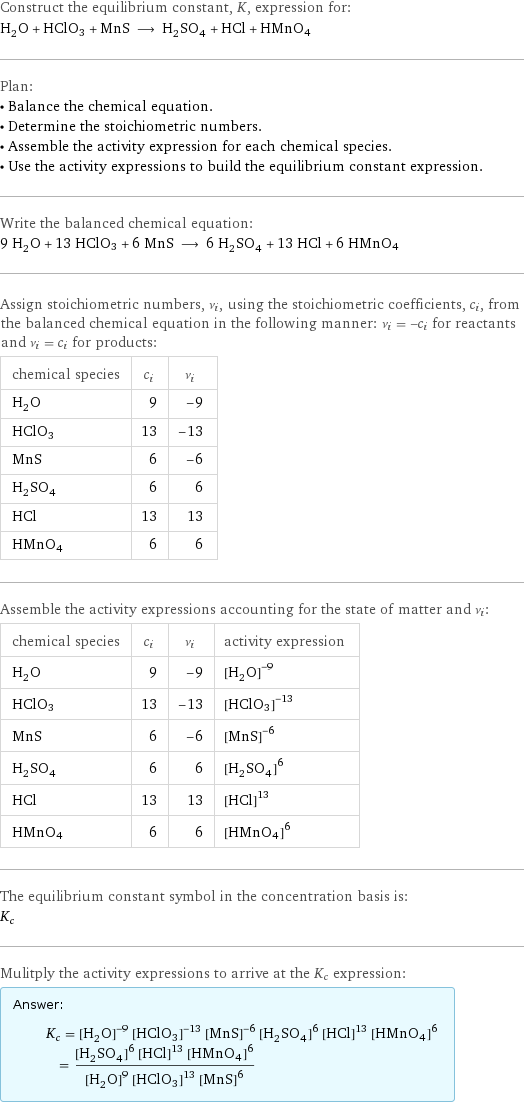 Construct the equilibrium constant, K, expression for: H_2O + HClO3 + MnS ⟶ H_2SO_4 + HCl + HMnO4 Plan: • Balance the chemical equation. • Determine the stoichiometric numbers. • Assemble the activity expression for each chemical species. • Use the activity expressions to build the equilibrium constant expression. Write the balanced chemical equation: 9 H_2O + 13 HClO3 + 6 MnS ⟶ 6 H_2SO_4 + 13 HCl + 6 HMnO4 Assign stoichiometric numbers, ν_i, using the stoichiometric coefficients, c_i, from the balanced chemical equation in the following manner: ν_i = -c_i for reactants and ν_i = c_i for products: chemical species | c_i | ν_i H_2O | 9 | -9 HClO3 | 13 | -13 MnS | 6 | -6 H_2SO_4 | 6 | 6 HCl | 13 | 13 HMnO4 | 6 | 6 Assemble the activity expressions accounting for the state of matter and ν_i: chemical species | c_i | ν_i | activity expression H_2O | 9 | -9 | ([H2O])^(-9) HClO3 | 13 | -13 | ([HClO3])^(-13) MnS | 6 | -6 | ([MnS])^(-6) H_2SO_4 | 6 | 6 | ([H2SO4])^6 HCl | 13 | 13 | ([HCl])^13 HMnO4 | 6 | 6 | ([HMnO4])^6 The equilibrium constant symbol in the concentration basis is: K_c Mulitply the activity expressions to arrive at the K_c expression: Answer: |   | K_c = ([H2O])^(-9) ([HClO3])^(-13) ([MnS])^(-6) ([H2SO4])^6 ([HCl])^13 ([HMnO4])^6 = (([H2SO4])^6 ([HCl])^13 ([HMnO4])^6)/(([H2O])^9 ([HClO3])^13 ([MnS])^6)