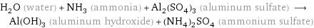 H_2O (water) + NH_3 (ammonia) + Al_2(SO_4)_3 (aluminum sulfate) ⟶ Al(OH)_3 (aluminum hydroxide) + (NH_4)_2SO_4 (ammonium sulfate)