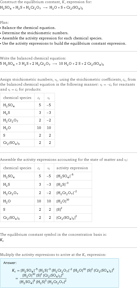 Construct the equilibrium constant, K, expression for: H_2SO_4 + H_2S + H_2Cr_2O_7 ⟶ H_2O + S + Cr_2(SO_4)_3 Plan: • Balance the chemical equation. • Determine the stoichiometric numbers. • Assemble the activity expression for each chemical species. • Use the activity expressions to build the equilibrium constant expression. Write the balanced chemical equation: 5 H_2SO_4 + 3 H_2S + 2 H_2Cr_2O_7 ⟶ 10 H_2O + 2 S + 2 Cr_2(SO_4)_3 Assign stoichiometric numbers, ν_i, using the stoichiometric coefficients, c_i, from the balanced chemical equation in the following manner: ν_i = -c_i for reactants and ν_i = c_i for products: chemical species | c_i | ν_i H_2SO_4 | 5 | -5 H_2S | 3 | -3 H_2Cr_2O_7 | 2 | -2 H_2O | 10 | 10 S | 2 | 2 Cr_2(SO_4)_3 | 2 | 2 Assemble the activity expressions accounting for the state of matter and ν_i: chemical species | c_i | ν_i | activity expression H_2SO_4 | 5 | -5 | ([H2SO4])^(-5) H_2S | 3 | -3 | ([H2S])^(-3) H_2Cr_2O_7 | 2 | -2 | ([H2Cr2O7])^(-2) H_2O | 10 | 10 | ([H2O])^10 S | 2 | 2 | ([S])^2 Cr_2(SO_4)_3 | 2 | 2 | ([Cr2(SO4)3])^2 The equilibrium constant symbol in the concentration basis is: K_c Mulitply the activity expressions to arrive at the K_c expression: Answer: |   | K_c = ([H2SO4])^(-5) ([H2S])^(-3) ([H2Cr2O7])^(-2) ([H2O])^10 ([S])^2 ([Cr2(SO4)3])^2 = (([H2O])^10 ([S])^2 ([Cr2(SO4)3])^2)/(([H2SO4])^5 ([H2S])^3 ([H2Cr2O7])^2)