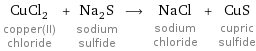 CuCl_2 copper(II) chloride + Na_2S sodium sulfide ⟶ NaCl sodium chloride + CuS cupric sulfide