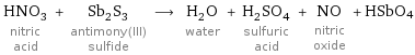 HNO_3 nitric acid + Sb_2S_3 antimony(III) sulfide ⟶ H_2O water + H_2SO_4 sulfuric acid + NO nitric oxide + HSbO4