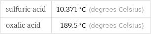 sulfuric acid | 10.371 °C (degrees Celsius) oxalic acid | 189.5 °C (degrees Celsius)