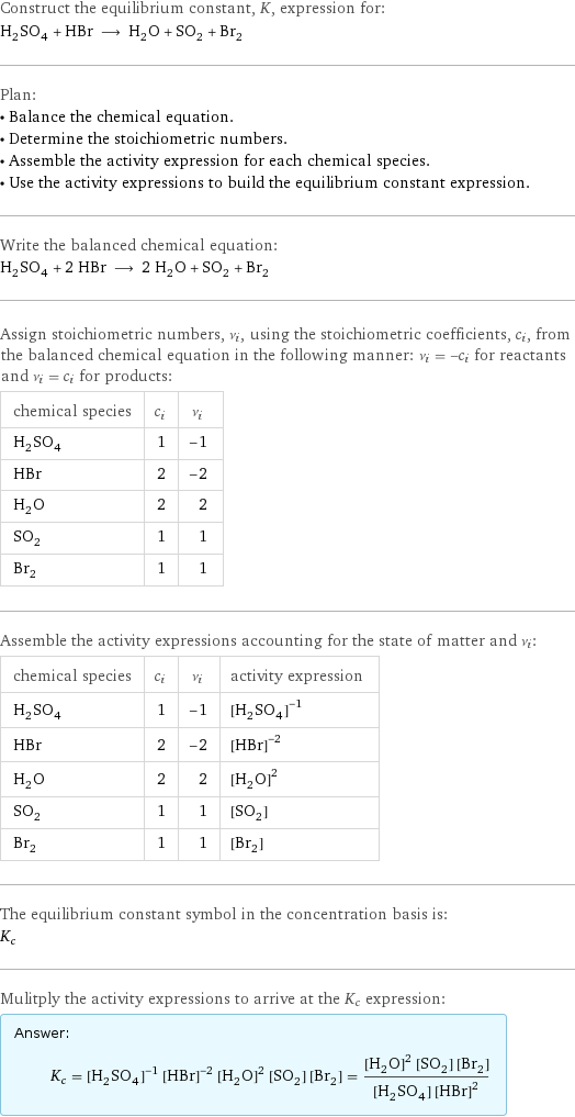 Construct the equilibrium constant, K, expression for: H_2SO_4 + HBr ⟶ H_2O + SO_2 + Br_2 Plan: • Balance the chemical equation. • Determine the stoichiometric numbers. • Assemble the activity expression for each chemical species. • Use the activity expressions to build the equilibrium constant expression. Write the balanced chemical equation: H_2SO_4 + 2 HBr ⟶ 2 H_2O + SO_2 + Br_2 Assign stoichiometric numbers, ν_i, using the stoichiometric coefficients, c_i, from the balanced chemical equation in the following manner: ν_i = -c_i for reactants and ν_i = c_i for products: chemical species | c_i | ν_i H_2SO_4 | 1 | -1 HBr | 2 | -2 H_2O | 2 | 2 SO_2 | 1 | 1 Br_2 | 1 | 1 Assemble the activity expressions accounting for the state of matter and ν_i: chemical species | c_i | ν_i | activity expression H_2SO_4 | 1 | -1 | ([H2SO4])^(-1) HBr | 2 | -2 | ([HBr])^(-2) H_2O | 2 | 2 | ([H2O])^2 SO_2 | 1 | 1 | [SO2] Br_2 | 1 | 1 | [Br2] The equilibrium constant symbol in the concentration basis is: K_c Mulitply the activity expressions to arrive at the K_c expression: Answer: |   | K_c = ([H2SO4])^(-1) ([HBr])^(-2) ([H2O])^2 [SO2] [Br2] = (([H2O])^2 [SO2] [Br2])/([H2SO4] ([HBr])^2)