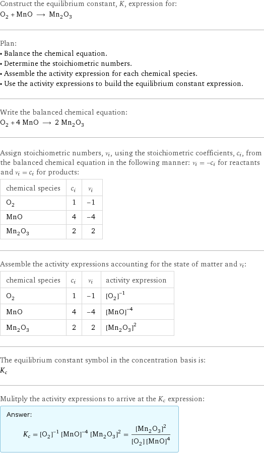 Construct the equilibrium constant, K, expression for: O_2 + MnO ⟶ Mn_2O_3 Plan: • Balance the chemical equation. • Determine the stoichiometric numbers. • Assemble the activity expression for each chemical species. • Use the activity expressions to build the equilibrium constant expression. Write the balanced chemical equation: O_2 + 4 MnO ⟶ 2 Mn_2O_3 Assign stoichiometric numbers, ν_i, using the stoichiometric coefficients, c_i, from the balanced chemical equation in the following manner: ν_i = -c_i for reactants and ν_i = c_i for products: chemical species | c_i | ν_i O_2 | 1 | -1 MnO | 4 | -4 Mn_2O_3 | 2 | 2 Assemble the activity expressions accounting for the state of matter and ν_i: chemical species | c_i | ν_i | activity expression O_2 | 1 | -1 | ([O2])^(-1) MnO | 4 | -4 | ([MnO])^(-4) Mn_2O_3 | 2 | 2 | ([Mn2O3])^2 The equilibrium constant symbol in the concentration basis is: K_c Mulitply the activity expressions to arrive at the K_c expression: Answer: |   | K_c = ([O2])^(-1) ([MnO])^(-4) ([Mn2O3])^2 = ([Mn2O3])^2/([O2] ([MnO])^4)