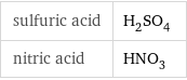 sulfuric acid | H_2SO_4 nitric acid | HNO_3