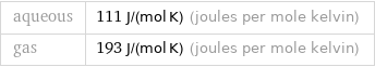 aqueous | 111 J/(mol K) (joules per mole kelvin) gas | 193 J/(mol K) (joules per mole kelvin)
