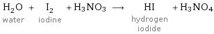 H_2O water + I_2 iodine + H3NO3 ⟶ HI hydrogen iodide + H3NO4