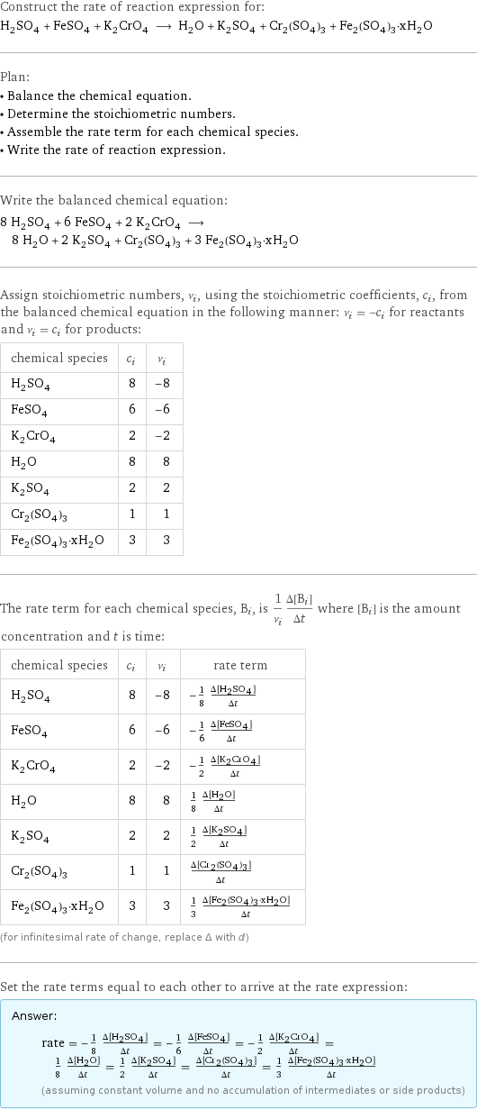 Construct the rate of reaction expression for: H_2SO_4 + FeSO_4 + K_2CrO_4 ⟶ H_2O + K_2SO_4 + Cr_2(SO_4)_3 + Fe_2(SO_4)_3·xH_2O Plan: • Balance the chemical equation. • Determine the stoichiometric numbers. • Assemble the rate term for each chemical species. • Write the rate of reaction expression. Write the balanced chemical equation: 8 H_2SO_4 + 6 FeSO_4 + 2 K_2CrO_4 ⟶ 8 H_2O + 2 K_2SO_4 + Cr_2(SO_4)_3 + 3 Fe_2(SO_4)_3·xH_2O Assign stoichiometric numbers, ν_i, using the stoichiometric coefficients, c_i, from the balanced chemical equation in the following manner: ν_i = -c_i for reactants and ν_i = c_i for products: chemical species | c_i | ν_i H_2SO_4 | 8 | -8 FeSO_4 | 6 | -6 K_2CrO_4 | 2 | -2 H_2O | 8 | 8 K_2SO_4 | 2 | 2 Cr_2(SO_4)_3 | 1 | 1 Fe_2(SO_4)_3·xH_2O | 3 | 3 The rate term for each chemical species, B_i, is 1/ν_i(Δ[B_i])/(Δt) where [B_i] is the amount concentration and t is time: chemical species | c_i | ν_i | rate term H_2SO_4 | 8 | -8 | -1/8 (Δ[H2SO4])/(Δt) FeSO_4 | 6 | -6 | -1/6 (Δ[FeSO4])/(Δt) K_2CrO_4 | 2 | -2 | -1/2 (Δ[K2CrO4])/(Δt) H_2O | 8 | 8 | 1/8 (Δ[H2O])/(Δt) K_2SO_4 | 2 | 2 | 1/2 (Δ[K2SO4])/(Δt) Cr_2(SO_4)_3 | 1 | 1 | (Δ[Cr2(SO4)3])/(Δt) Fe_2(SO_4)_3·xH_2O | 3 | 3 | 1/3 (Δ[Fe2(SO4)3·xH2O])/(Δt) (for infinitesimal rate of change, replace Δ with d) Set the rate terms equal to each other to arrive at the rate expression: Answer: |   | rate = -1/8 (Δ[H2SO4])/(Δt) = -1/6 (Δ[FeSO4])/(Δt) = -1/2 (Δ[K2CrO4])/(Δt) = 1/8 (Δ[H2O])/(Δt) = 1/2 (Δ[K2SO4])/(Δt) = (Δ[Cr2(SO4)3])/(Δt) = 1/3 (Δ[Fe2(SO4)3·xH2O])/(Δt) (assuming constant volume and no accumulation of intermediates or side products)