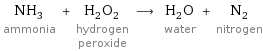 NH_3 ammonia + H_2O_2 hydrogen peroxide ⟶ H_2O water + N_2 nitrogen