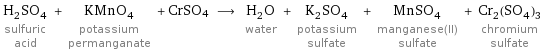 H_2SO_4 sulfuric acid + KMnO_4 potassium permanganate + CrSO4 ⟶ H_2O water + K_2SO_4 potassium sulfate + MnSO_4 manganese(II) sulfate + Cr_2(SO_4)_3 chromium sulfate