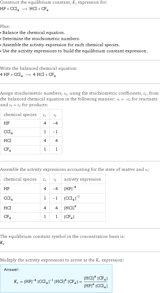 Construct the equilibrium constant, K, expression for: HF + CCl_4 ⟶ HCl + CF_4 Plan: • Balance the chemical equation. • Determine the stoichiometric numbers. • Assemble the activity expression for each chemical species. • Use the activity expressions to build the equilibrium constant expression. Write the balanced chemical equation: 4 HF + CCl_4 ⟶ 4 HCl + CF_4 Assign stoichiometric numbers, ν_i, using the stoichiometric coefficients, c_i, from the balanced chemical equation in the following manner: ν_i = -c_i for reactants and ν_i = c_i for products: chemical species | c_i | ν_i HF | 4 | -4 CCl_4 | 1 | -1 HCl | 4 | 4 CF_4 | 1 | 1 Assemble the activity expressions accounting for the state of matter and ν_i: chemical species | c_i | ν_i | activity expression HF | 4 | -4 | ([HF])^(-4) CCl_4 | 1 | -1 | ([CCl4])^(-1) HCl | 4 | 4 | ([HCl])^4 CF_4 | 1 | 1 | [CF4] The equilibrium constant symbol in the concentration basis is: K_c Mulitply the activity expressions to arrive at the K_c expression: Answer: |   | K_c = ([HF])^(-4) ([CCl4])^(-1) ([HCl])^4 [CF4] = (([HCl])^4 [CF4])/(([HF])^4 [CCl4])