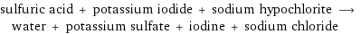 sulfuric acid + potassium iodide + sodium hypochlorite ⟶ water + potassium sulfate + iodine + sodium chloride