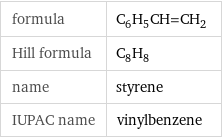 formula | C_6H_5CH=CH_2 Hill formula | C_8H_8 name | styrene IUPAC name | vinylbenzene