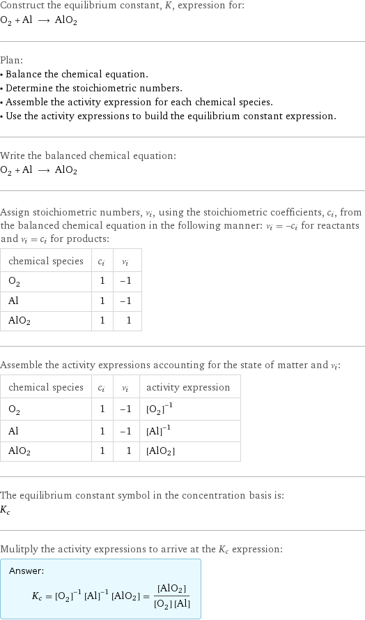 Construct the equilibrium constant, K, expression for: O_2 + Al ⟶ AlO2 Plan: • Balance the chemical equation. • Determine the stoichiometric numbers. • Assemble the activity expression for each chemical species. • Use the activity expressions to build the equilibrium constant expression. Write the balanced chemical equation: O_2 + Al ⟶ AlO2 Assign stoichiometric numbers, ν_i, using the stoichiometric coefficients, c_i, from the balanced chemical equation in the following manner: ν_i = -c_i for reactants and ν_i = c_i for products: chemical species | c_i | ν_i O_2 | 1 | -1 Al | 1 | -1 AlO2 | 1 | 1 Assemble the activity expressions accounting for the state of matter and ν_i: chemical species | c_i | ν_i | activity expression O_2 | 1 | -1 | ([O2])^(-1) Al | 1 | -1 | ([Al])^(-1) AlO2 | 1 | 1 | [AlO2] The equilibrium constant symbol in the concentration basis is: K_c Mulitply the activity expressions to arrive at the K_c expression: Answer: |   | K_c = ([O2])^(-1) ([Al])^(-1) [AlO2] = ([AlO2])/([O2] [Al])