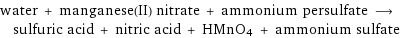 water + manganese(II) nitrate + ammonium persulfate ⟶ sulfuric acid + nitric acid + HMnO4 + ammonium sulfate