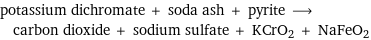 potassium dichromate + soda ash + pyrite ⟶ carbon dioxide + sodium sulfate + KCrO2 + NaFeO2