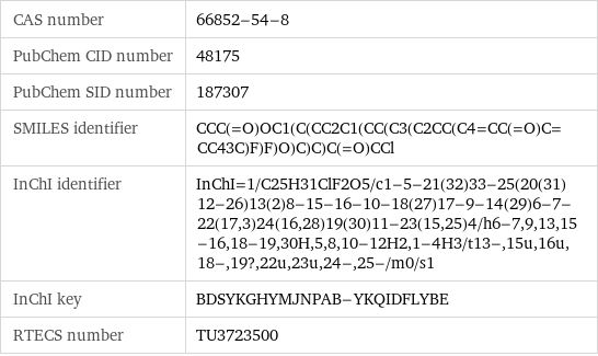 CAS number | 66852-54-8 PubChem CID number | 48175 PubChem SID number | 187307 SMILES identifier | CCC(=O)OC1(C(CC2C1(CC(C3(C2CC(C4=CC(=O)C=CC43C)F)F)O)C)C)C(=O)CCl InChI identifier | InChI=1/C25H31ClF2O5/c1-5-21(32)33-25(20(31)12-26)13(2)8-15-16-10-18(27)17-9-14(29)6-7-22(17, 3)24(16, 28)19(30)11-23(15, 25)4/h6-7, 9, 13, 15-16, 18-19, 30H, 5, 8, 10-12H2, 1-4H3/t13-, 15u, 16u, 18-, 19?, 22u, 23u, 24-, 25-/m0/s1 InChI key | BDSYKGHYMJNPAB-YKQIDFLYBE RTECS number | TU3723500