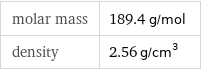 molar mass | 189.4 g/mol density | 2.56 g/cm^3