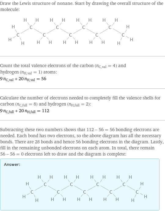 Draw the Lewis structure of nonane. Start by drawing the overall structure of the molecule:  Count the total valence electrons of the carbon (n_C, val = 4) and hydrogen (n_H, val = 1) atoms: 9 n_C, val + 20 n_H, val = 56 Calculate the number of electrons needed to completely fill the valence shells for carbon (n_C, full = 8) and hydrogen (n_H, full = 2): 9 n_C, full + 20 n_H, full = 112 Subtracting these two numbers shows that 112 - 56 = 56 bonding electrons are needed. Each bond has two electrons, so the above diagram has all the necessary bonds. There are 28 bonds and hence 56 bonding electrons in the diagram. Lastly, fill in the remaining unbonded electrons on each atom. In total, there remain 56 - 56 = 0 electrons left to draw and the diagram is complete: Answer: |   | 