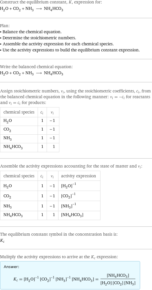 Construct the equilibrium constant, K, expression for: H_2O + CO_2 + NH_3 ⟶ NH_4HCO_3 Plan: • Balance the chemical equation. • Determine the stoichiometric numbers. • Assemble the activity expression for each chemical species. • Use the activity expressions to build the equilibrium constant expression. Write the balanced chemical equation: H_2O + CO_2 + NH_3 ⟶ NH_4HCO_3 Assign stoichiometric numbers, ν_i, using the stoichiometric coefficients, c_i, from the balanced chemical equation in the following manner: ν_i = -c_i for reactants and ν_i = c_i for products: chemical species | c_i | ν_i H_2O | 1 | -1 CO_2 | 1 | -1 NH_3 | 1 | -1 NH_4HCO_3 | 1 | 1 Assemble the activity expressions accounting for the state of matter and ν_i: chemical species | c_i | ν_i | activity expression H_2O | 1 | -1 | ([H2O])^(-1) CO_2 | 1 | -1 | ([CO2])^(-1) NH_3 | 1 | -1 | ([NH3])^(-1) NH_4HCO_3 | 1 | 1 | [NH4HCO3] The equilibrium constant symbol in the concentration basis is: K_c Mulitply the activity expressions to arrive at the K_c expression: Answer: |   | K_c = ([H2O])^(-1) ([CO2])^(-1) ([NH3])^(-1) [NH4HCO3] = ([NH4HCO3])/([H2O] [CO2] [NH3])