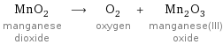 MnO_2 manganese dioxide ⟶ O_2 oxygen + Mn_2O_3 manganese(III) oxide