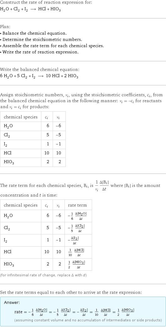 Construct the rate of reaction expression for: H_2O + Cl_2 + I_2 ⟶ HCl + HIO_3 Plan: • Balance the chemical equation. • Determine the stoichiometric numbers. • Assemble the rate term for each chemical species. • Write the rate of reaction expression. Write the balanced chemical equation: 6 H_2O + 5 Cl_2 + I_2 ⟶ 10 HCl + 2 HIO_3 Assign stoichiometric numbers, ν_i, using the stoichiometric coefficients, c_i, from the balanced chemical equation in the following manner: ν_i = -c_i for reactants and ν_i = c_i for products: chemical species | c_i | ν_i H_2O | 6 | -6 Cl_2 | 5 | -5 I_2 | 1 | -1 HCl | 10 | 10 HIO_3 | 2 | 2 The rate term for each chemical species, B_i, is 1/ν_i(Δ[B_i])/(Δt) where [B_i] is the amount concentration and t is time: chemical species | c_i | ν_i | rate term H_2O | 6 | -6 | -1/6 (Δ[H2O])/(Δt) Cl_2 | 5 | -5 | -1/5 (Δ[Cl2])/(Δt) I_2 | 1 | -1 | -(Δ[I2])/(Δt) HCl | 10 | 10 | 1/10 (Δ[HCl])/(Δt) HIO_3 | 2 | 2 | 1/2 (Δ[HIO3])/(Δt) (for infinitesimal rate of change, replace Δ with d) Set the rate terms equal to each other to arrive at the rate expression: Answer: |   | rate = -1/6 (Δ[H2O])/(Δt) = -1/5 (Δ[Cl2])/(Δt) = -(Δ[I2])/(Δt) = 1/10 (Δ[HCl])/(Δt) = 1/2 (Δ[HIO3])/(Δt) (assuming constant volume and no accumulation of intermediates or side products)