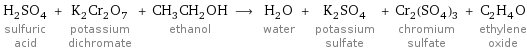 H_2SO_4 sulfuric acid + K_2Cr_2O_7 potassium dichromate + CH_3CH_2OH ethanol ⟶ H_2O water + K_2SO_4 potassium sulfate + Cr_2(SO_4)_3 chromium sulfate + C_2H_4O ethylene oxide