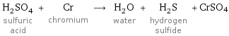 H_2SO_4 sulfuric acid + Cr chromium ⟶ H_2O water + H_2S hydrogen sulfide + CrSO4