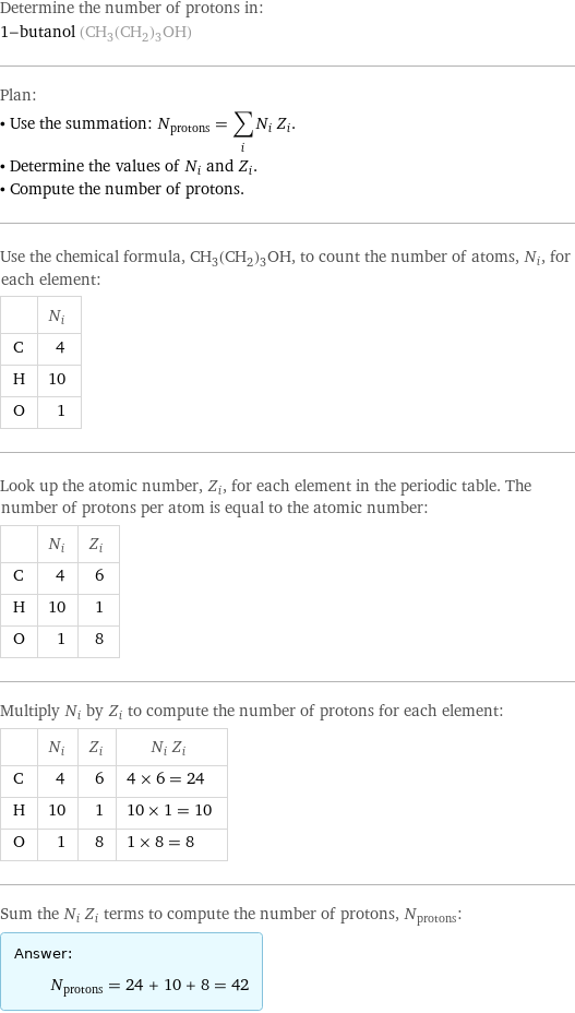 Determine the number of protons in: 1-butanol (CH_3(CH_2)_3OH) Plan: • Use the summation: N_protons = sum_i N_i Z_i. • Determine the values of N_i and Z_i. • Compute the number of protons. Use the chemical formula, CH_3(CH_2)_3OH, to count the number of atoms, N_i, for each element:  | N_i C | 4 H | 10 O | 1 Look up the atomic number, Z_i, for each element in the periodic table. The number of protons per atom is equal to the atomic number:  | N_i | Z_i C | 4 | 6 H | 10 | 1 O | 1 | 8 Multiply N_i by Z_i to compute the number of protons for each element:  | N_i | Z_i | N_i Z_i C | 4 | 6 | 4 × 6 = 24 H | 10 | 1 | 10 × 1 = 10 O | 1 | 8 | 1 × 8 = 8 Sum the N_i Z_i terms to compute the number of protons, N_protons: Answer: |   | N_protons = 24 + 10 + 8 = 42