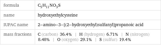 formula | C_5H_11NO_3S name | hydroxyethylcysteine IUPAC name | 2-amino-3-[(2-hydroxyethyl)sulfanyl]propanoic acid mass fractions | C (carbon) 36.4% | H (hydrogen) 6.71% | N (nitrogen) 8.48% | O (oxygen) 29.1% | S (sulfur) 19.4%