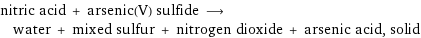 nitric acid + arsenic(V) sulfide ⟶ water + mixed sulfur + nitrogen dioxide + arsenic acid, solid