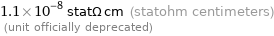 1.1×10^-8 statΩ cm (statohm centimeters)  (unit officially deprecated)