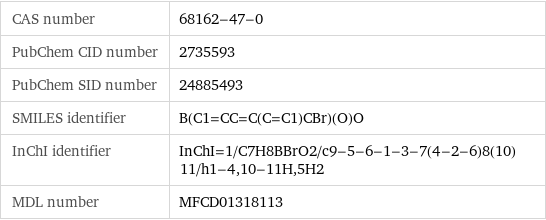 CAS number | 68162-47-0 PubChem CID number | 2735593 PubChem SID number | 24885493 SMILES identifier | B(C1=CC=C(C=C1)CBr)(O)O InChI identifier | InChI=1/C7H8BBrO2/c9-5-6-1-3-7(4-2-6)8(10)11/h1-4, 10-11H, 5H2 MDL number | MFCD01318113