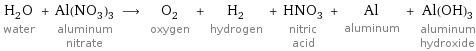 H_2O water + Al(NO_3)_3 aluminum nitrate ⟶ O_2 oxygen + H_2 hydrogen + HNO_3 nitric acid + Al aluminum + Al(OH)_3 aluminum hydroxide