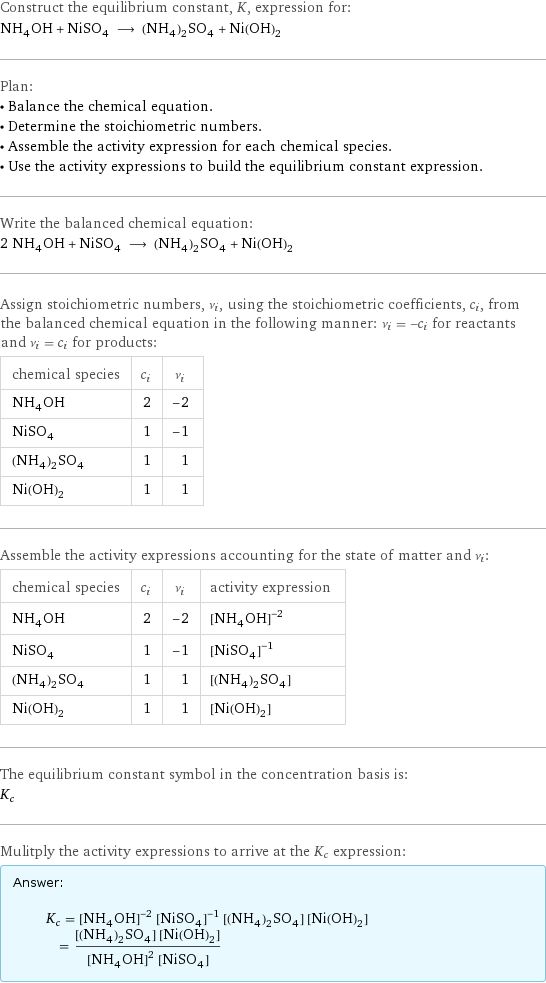 Construct the equilibrium constant, K, expression for: NH_4OH + NiSO_4 ⟶ (NH_4)_2SO_4 + Ni(OH)_2 Plan: • Balance the chemical equation. • Determine the stoichiometric numbers. • Assemble the activity expression for each chemical species. • Use the activity expressions to build the equilibrium constant expression. Write the balanced chemical equation: 2 NH_4OH + NiSO_4 ⟶ (NH_4)_2SO_4 + Ni(OH)_2 Assign stoichiometric numbers, ν_i, using the stoichiometric coefficients, c_i, from the balanced chemical equation in the following manner: ν_i = -c_i for reactants and ν_i = c_i for products: chemical species | c_i | ν_i NH_4OH | 2 | -2 NiSO_4 | 1 | -1 (NH_4)_2SO_4 | 1 | 1 Ni(OH)_2 | 1 | 1 Assemble the activity expressions accounting for the state of matter and ν_i: chemical species | c_i | ν_i | activity expression NH_4OH | 2 | -2 | ([NH4OH])^(-2) NiSO_4 | 1 | -1 | ([NiSO4])^(-1) (NH_4)_2SO_4 | 1 | 1 | [(NH4)2SO4] Ni(OH)_2 | 1 | 1 | [Ni(OH)2] The equilibrium constant symbol in the concentration basis is: K_c Mulitply the activity expressions to arrive at the K_c expression: Answer: |   | K_c = ([NH4OH])^(-2) ([NiSO4])^(-1) [(NH4)2SO4] [Ni(OH)2] = ([(NH4)2SO4] [Ni(OH)2])/(([NH4OH])^2 [NiSO4])