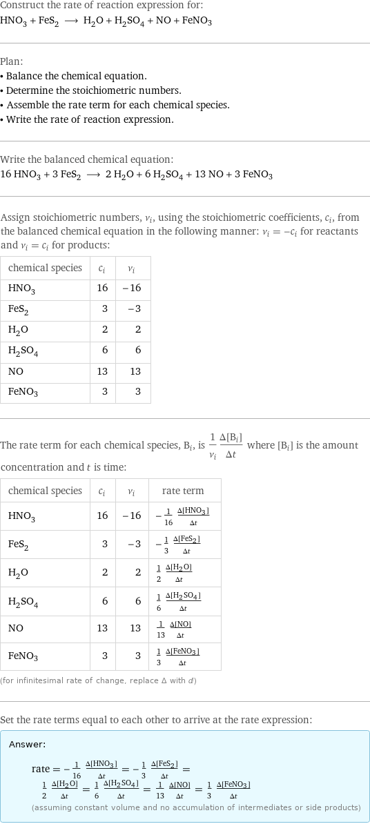 Construct the rate of reaction expression for: HNO_3 + FeS_2 ⟶ H_2O + H_2SO_4 + NO + FeNO3 Plan: • Balance the chemical equation. • Determine the stoichiometric numbers. • Assemble the rate term for each chemical species. • Write the rate of reaction expression. Write the balanced chemical equation: 16 HNO_3 + 3 FeS_2 ⟶ 2 H_2O + 6 H_2SO_4 + 13 NO + 3 FeNO3 Assign stoichiometric numbers, ν_i, using the stoichiometric coefficients, c_i, from the balanced chemical equation in the following manner: ν_i = -c_i for reactants and ν_i = c_i for products: chemical species | c_i | ν_i HNO_3 | 16 | -16 FeS_2 | 3 | -3 H_2O | 2 | 2 H_2SO_4 | 6 | 6 NO | 13 | 13 FeNO3 | 3 | 3 The rate term for each chemical species, B_i, is 1/ν_i(Δ[B_i])/(Δt) where [B_i] is the amount concentration and t is time: chemical species | c_i | ν_i | rate term HNO_3 | 16 | -16 | -1/16 (Δ[HNO3])/(Δt) FeS_2 | 3 | -3 | -1/3 (Δ[FeS2])/(Δt) H_2O | 2 | 2 | 1/2 (Δ[H2O])/(Δt) H_2SO_4 | 6 | 6 | 1/6 (Δ[H2SO4])/(Δt) NO | 13 | 13 | 1/13 (Δ[NO])/(Δt) FeNO3 | 3 | 3 | 1/3 (Δ[FeNO3])/(Δt) (for infinitesimal rate of change, replace Δ with d) Set the rate terms equal to each other to arrive at the rate expression: Answer: |   | rate = -1/16 (Δ[HNO3])/(Δt) = -1/3 (Δ[FeS2])/(Δt) = 1/2 (Δ[H2O])/(Δt) = 1/6 (Δ[H2SO4])/(Δt) = 1/13 (Δ[NO])/(Δt) = 1/3 (Δ[FeNO3])/(Δt) (assuming constant volume and no accumulation of intermediates or side products)