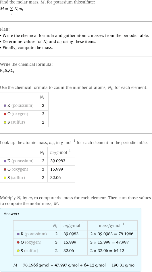 Find the molar mass, M, for potassium thiosulfate: M = sum _iN_im_i Plan: • Write the chemical formula and gather atomic masses from the periodic table. • Determine values for N_i and m_i using these items. • Finally, compute the mass. Write the chemical formula: K_2S_2O_3 Use the chemical formula to count the number of atoms, N_i, for each element:  | N_i  K (potassium) | 2  O (oxygen) | 3  S (sulfur) | 2 Look up the atomic mass, m_i, in g·mol^(-1) for each element in the periodic table:  | N_i | m_i/g·mol^(-1)  K (potassium) | 2 | 39.0983  O (oxygen) | 3 | 15.999  S (sulfur) | 2 | 32.06 Multiply N_i by m_i to compute the mass for each element. Then sum those values to compute the molar mass, M: Answer: |   | | N_i | m_i/g·mol^(-1) | mass/g·mol^(-1)  K (potassium) | 2 | 39.0983 | 2 × 39.0983 = 78.1966  O (oxygen) | 3 | 15.999 | 3 × 15.999 = 47.997  S (sulfur) | 2 | 32.06 | 2 × 32.06 = 64.12  M = 78.1966 g/mol + 47.997 g/mol + 64.12 g/mol = 190.31 g/mol