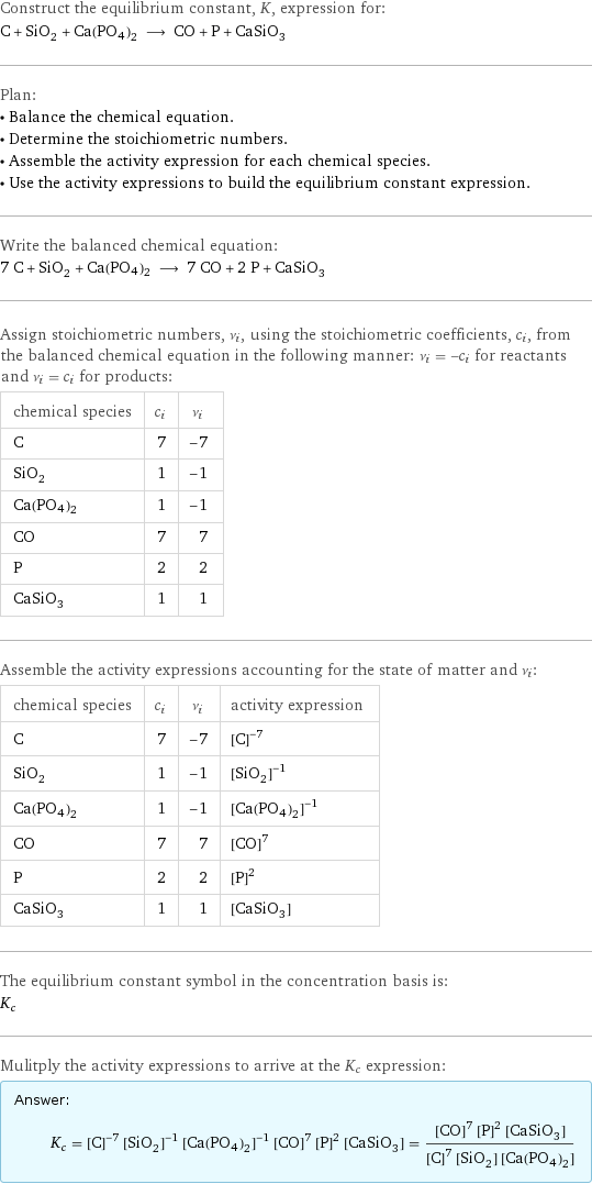 Construct the equilibrium constant, K, expression for: C + SiO_2 + Ca(PO4)2 ⟶ CO + P + CaSiO_3 Plan: • Balance the chemical equation. • Determine the stoichiometric numbers. • Assemble the activity expression for each chemical species. • Use the activity expressions to build the equilibrium constant expression. Write the balanced chemical equation: 7 C + SiO_2 + Ca(PO4)2 ⟶ 7 CO + 2 P + CaSiO_3 Assign stoichiometric numbers, ν_i, using the stoichiometric coefficients, c_i, from the balanced chemical equation in the following manner: ν_i = -c_i for reactants and ν_i = c_i for products: chemical species | c_i | ν_i C | 7 | -7 SiO_2 | 1 | -1 Ca(PO4)2 | 1 | -1 CO | 7 | 7 P | 2 | 2 CaSiO_3 | 1 | 1 Assemble the activity expressions accounting for the state of matter and ν_i: chemical species | c_i | ν_i | activity expression C | 7 | -7 | ([C])^(-7) SiO_2 | 1 | -1 | ([SiO2])^(-1) Ca(PO4)2 | 1 | -1 | ([Ca(PO4)2])^(-1) CO | 7 | 7 | ([CO])^7 P | 2 | 2 | ([P])^2 CaSiO_3 | 1 | 1 | [CaSiO3] The equilibrium constant symbol in the concentration basis is: K_c Mulitply the activity expressions to arrive at the K_c expression: Answer: |   | K_c = ([C])^(-7) ([SiO2])^(-1) ([Ca(PO4)2])^(-1) ([CO])^7 ([P])^2 [CaSiO3] = (([CO])^7 ([P])^2 [CaSiO3])/(([C])^7 [SiO2] [Ca(PO4)2])