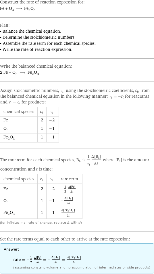 Construct the rate of reaction expression for: Fe + O_3 ⟶ Fe_2O_3 Plan: • Balance the chemical equation. • Determine the stoichiometric numbers. • Assemble the rate term for each chemical species. • Write the rate of reaction expression. Write the balanced chemical equation: 2 Fe + O_3 ⟶ Fe_2O_3 Assign stoichiometric numbers, ν_i, using the stoichiometric coefficients, c_i, from the balanced chemical equation in the following manner: ν_i = -c_i for reactants and ν_i = c_i for products: chemical species | c_i | ν_i Fe | 2 | -2 O_3 | 1 | -1 Fe_2O_3 | 1 | 1 The rate term for each chemical species, B_i, is 1/ν_i(Δ[B_i])/(Δt) where [B_i] is the amount concentration and t is time: chemical species | c_i | ν_i | rate term Fe | 2 | -2 | -1/2 (Δ[Fe])/(Δt) O_3 | 1 | -1 | -(Δ[O3])/(Δt) Fe_2O_3 | 1 | 1 | (Δ[Fe2O3])/(Δt) (for infinitesimal rate of change, replace Δ with d) Set the rate terms equal to each other to arrive at the rate expression: Answer: |   | rate = -1/2 (Δ[Fe])/(Δt) = -(Δ[O3])/(Δt) = (Δ[Fe2O3])/(Δt) (assuming constant volume and no accumulation of intermediates or side products)