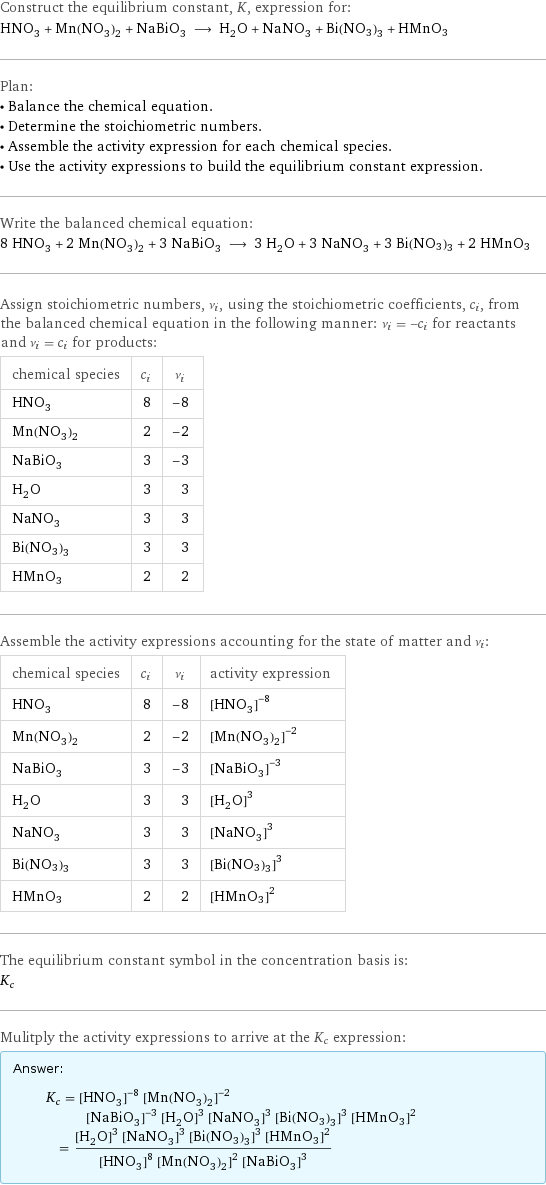 Construct the equilibrium constant, K, expression for: HNO_3 + Mn(NO_3)_2 + NaBiO_3 ⟶ H_2O + NaNO_3 + Bi(NO3)3 + HMnO3 Plan: • Balance the chemical equation. • Determine the stoichiometric numbers. • Assemble the activity expression for each chemical species. • Use the activity expressions to build the equilibrium constant expression. Write the balanced chemical equation: 8 HNO_3 + 2 Mn(NO_3)_2 + 3 NaBiO_3 ⟶ 3 H_2O + 3 NaNO_3 + 3 Bi(NO3)3 + 2 HMnO3 Assign stoichiometric numbers, ν_i, using the stoichiometric coefficients, c_i, from the balanced chemical equation in the following manner: ν_i = -c_i for reactants and ν_i = c_i for products: chemical species | c_i | ν_i HNO_3 | 8 | -8 Mn(NO_3)_2 | 2 | -2 NaBiO_3 | 3 | -3 H_2O | 3 | 3 NaNO_3 | 3 | 3 Bi(NO3)3 | 3 | 3 HMnO3 | 2 | 2 Assemble the activity expressions accounting for the state of matter and ν_i: chemical species | c_i | ν_i | activity expression HNO_3 | 8 | -8 | ([HNO3])^(-8) Mn(NO_3)_2 | 2 | -2 | ([Mn(NO3)2])^(-2) NaBiO_3 | 3 | -3 | ([NaBiO3])^(-3) H_2O | 3 | 3 | ([H2O])^3 NaNO_3 | 3 | 3 | ([NaNO3])^3 Bi(NO3)3 | 3 | 3 | ([Bi(NO3)3])^3 HMnO3 | 2 | 2 | ([HMnO3])^2 The equilibrium constant symbol in the concentration basis is: K_c Mulitply the activity expressions to arrive at the K_c expression: Answer: |   | K_c = ([HNO3])^(-8) ([Mn(NO3)2])^(-2) ([NaBiO3])^(-3) ([H2O])^3 ([NaNO3])^3 ([Bi(NO3)3])^3 ([HMnO3])^2 = (([H2O])^3 ([NaNO3])^3 ([Bi(NO3)3])^3 ([HMnO3])^2)/(([HNO3])^8 ([Mn(NO3)2])^2 ([NaBiO3])^3)