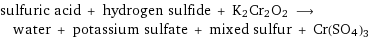 sulfuric acid + hydrogen sulfide + K2Cr2O2 ⟶ water + potassium sulfate + mixed sulfur + Cr(SO4)3