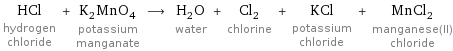 HCl hydrogen chloride + K_2MnO_4 potassium manganate ⟶ H_2O water + Cl_2 chlorine + KCl potassium chloride + MnCl_2 manganese(II) chloride